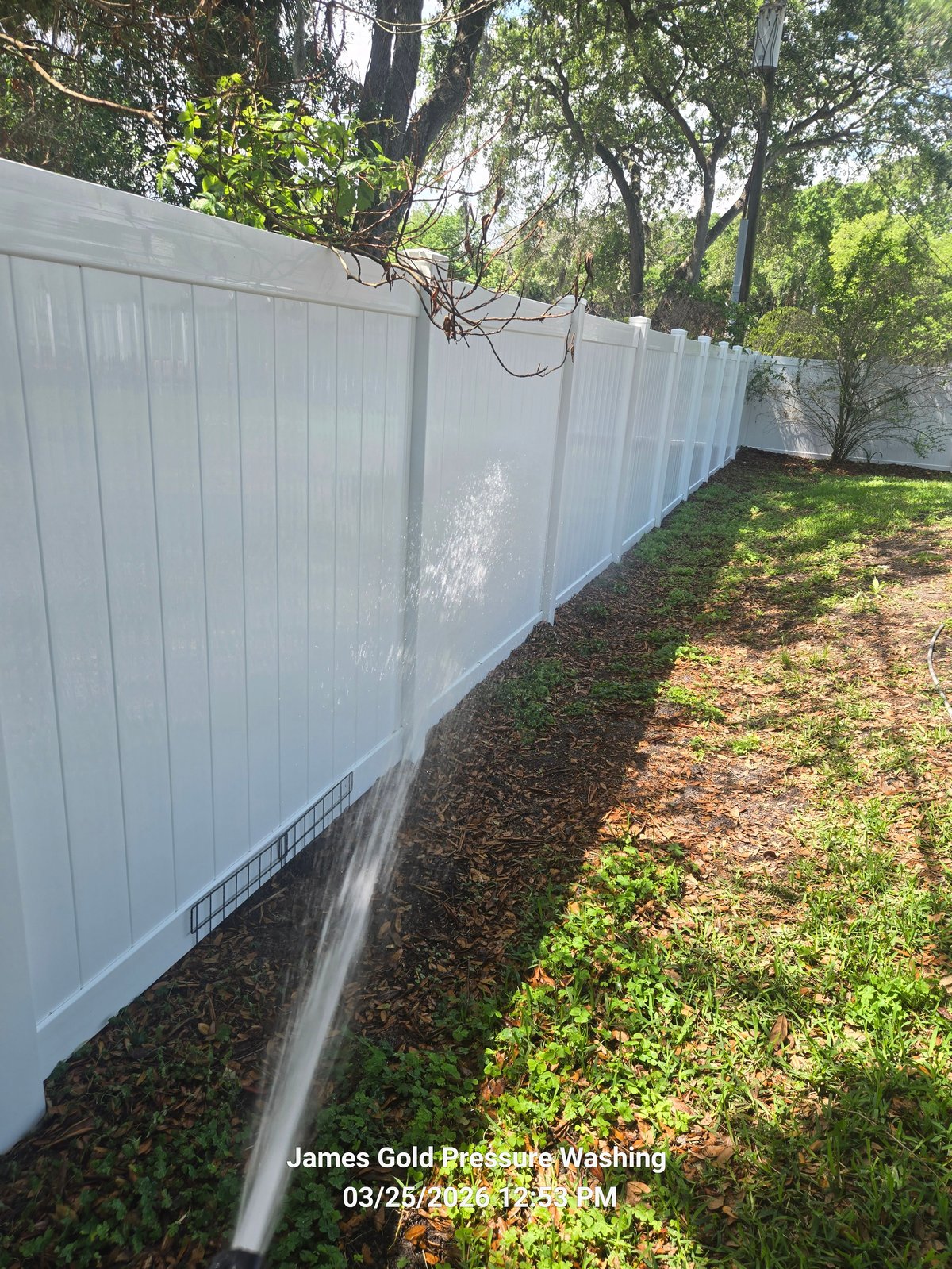 White vinyl fence running through a residential backyard with trees and landscaping visible