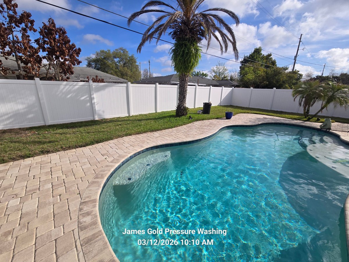 Clear turquoise swimming pool with brick patio, palm tree, and white vinyl fence in sunny backyard