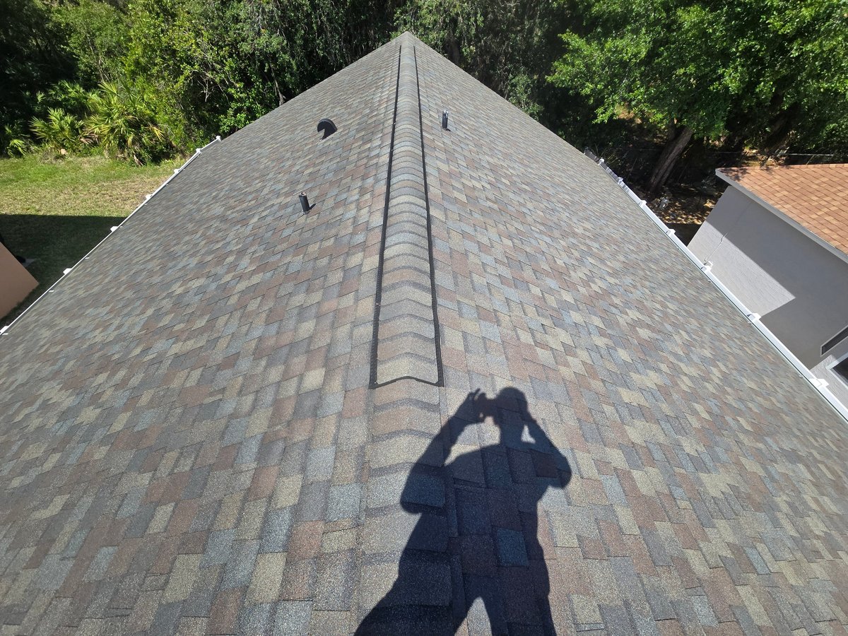 Shadow of a person making heart shape with hands on a steep pitched residential roof with asphalt shingles and trees in background