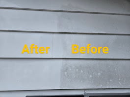 Before and after comparison of house siding cleaning, showing dirty grime on left half and clean siding on right half