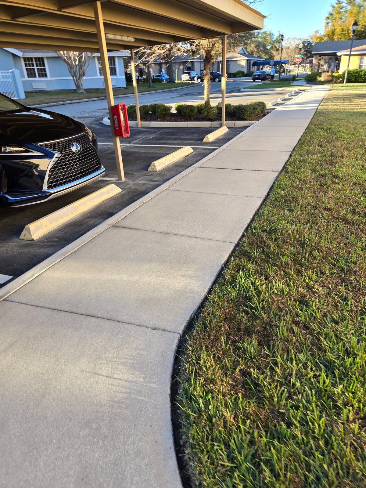 Covered carport with parked vehicles next to a freshly cleaned concrete sidewalk and green lawn on a sunny day