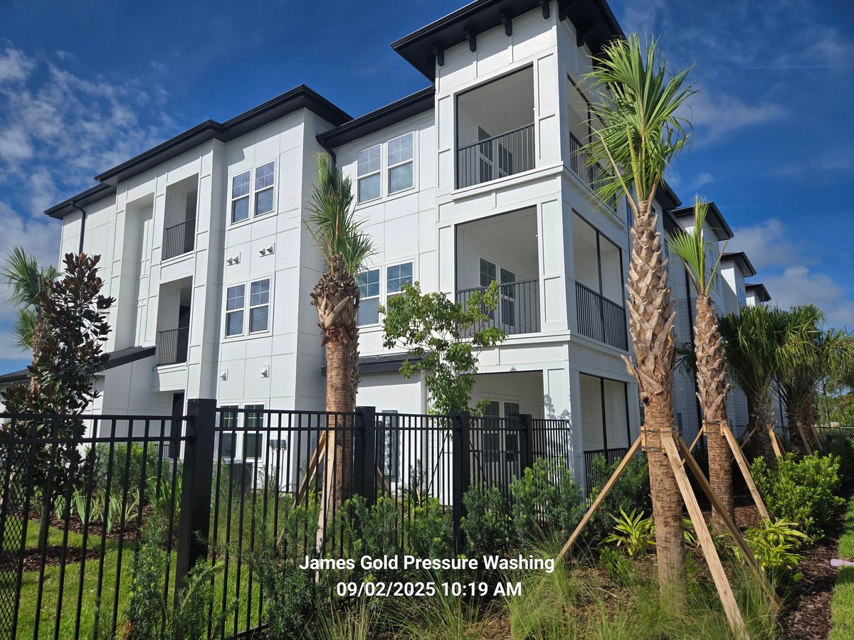 Modern white three-story residential building with black metal fence, palm trees, and landscaping in bright sunlight
