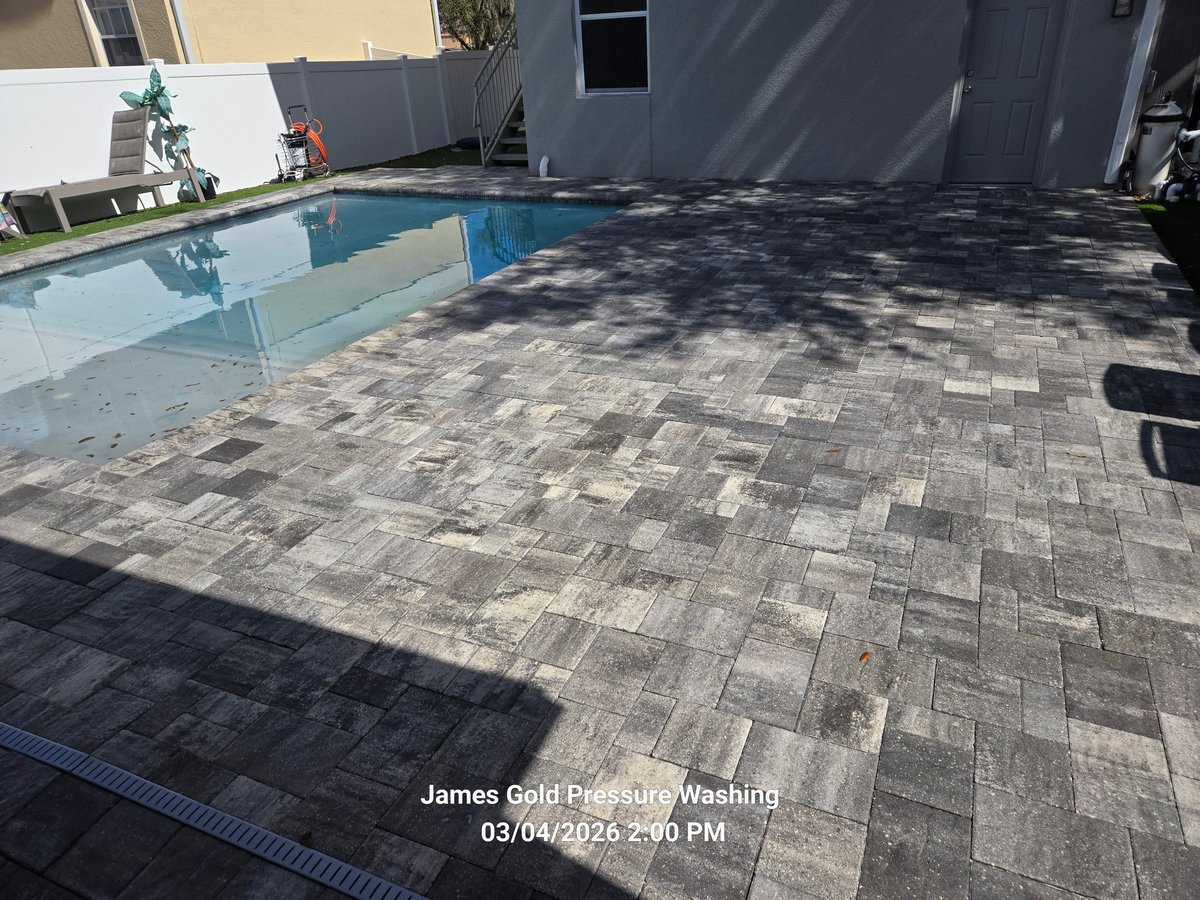 Patio with geometric paver design beside rectangular swimming pool with glass fence and modern house