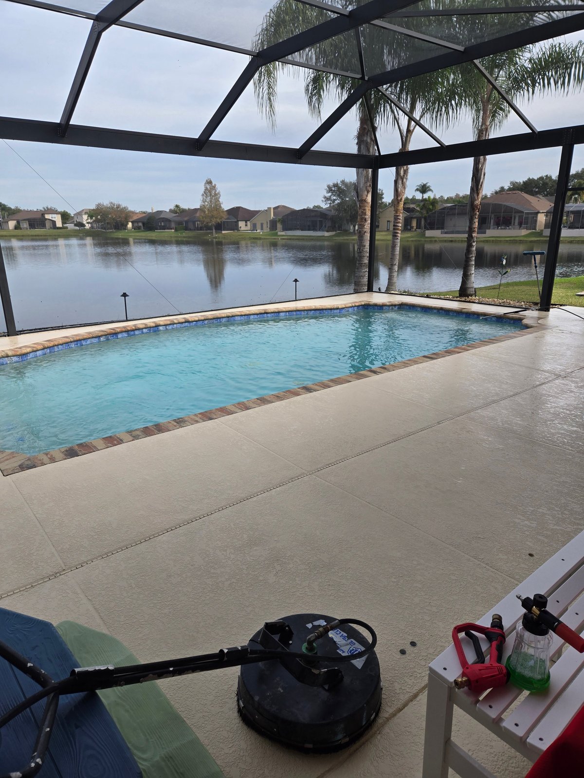 Screened pool deck overlooking a lake with palm trees and residential homes in the background