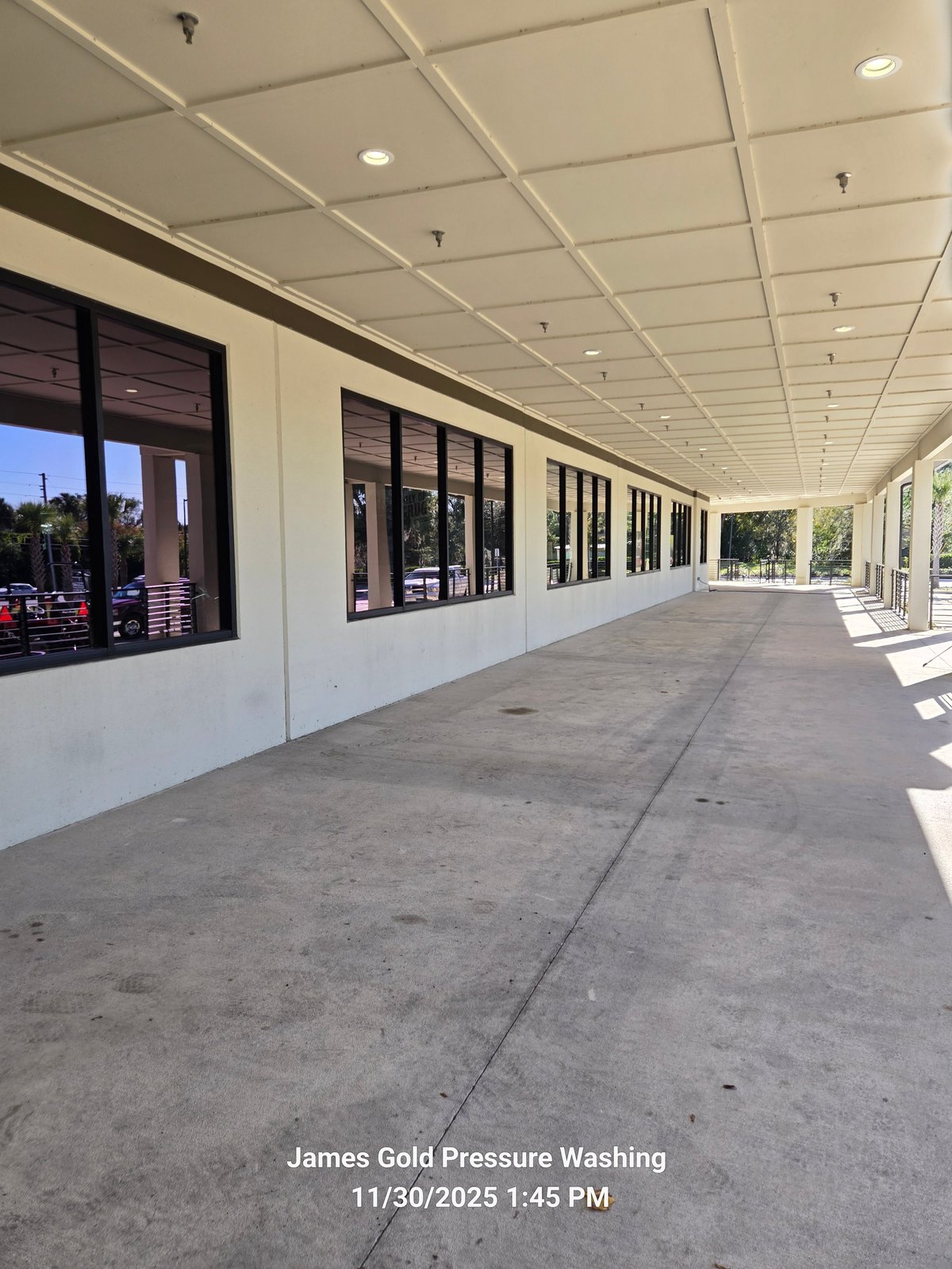 Empty covered walkway with white walls, drop ceiling, and row of storefronts with dark-framed windows and glass doors