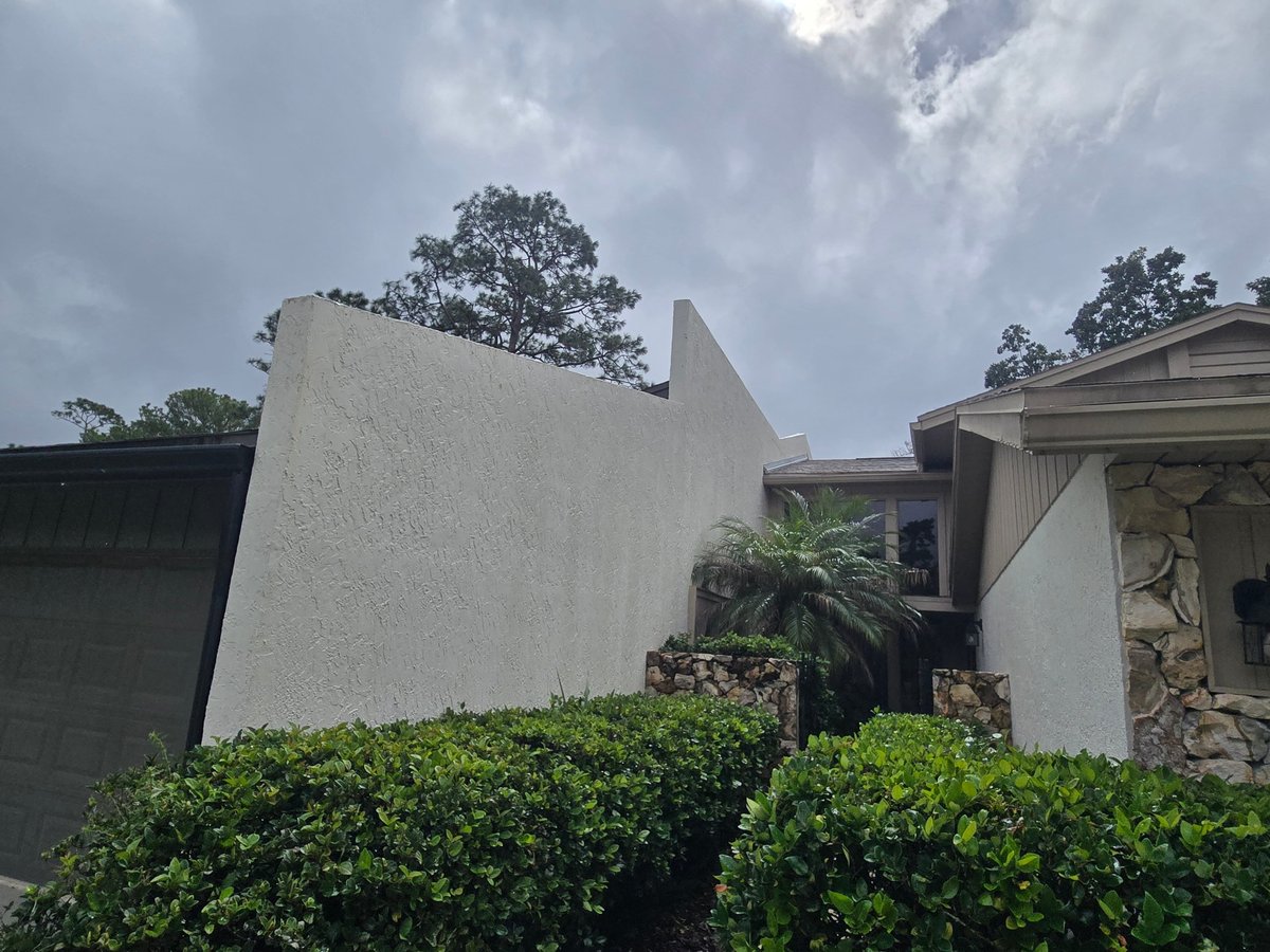 Modern white house exterior with stone accent wall and tropical landscaping after house washing