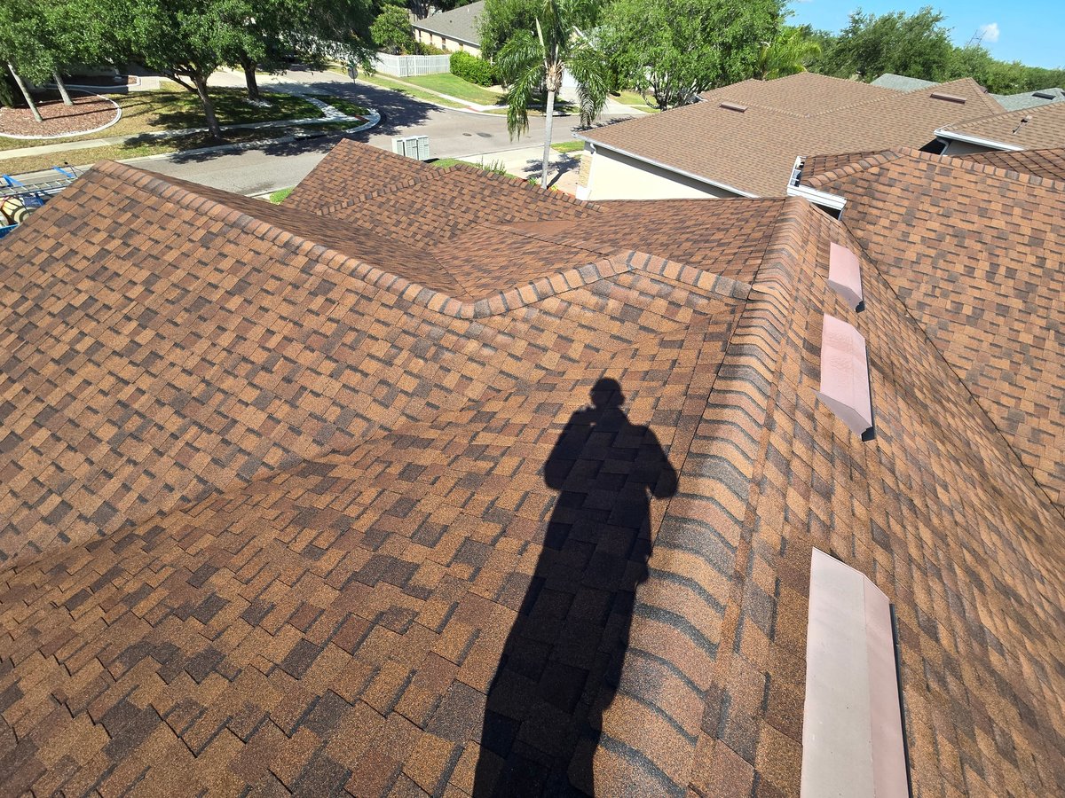 Roofers shadow cast on a brown shingled roof during daytime inspection, residential neighborhood visible below