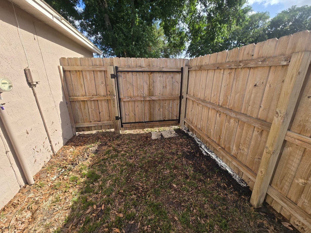 Wooden privacy fence panels and gate around a leaf-covered side yard before cleaning