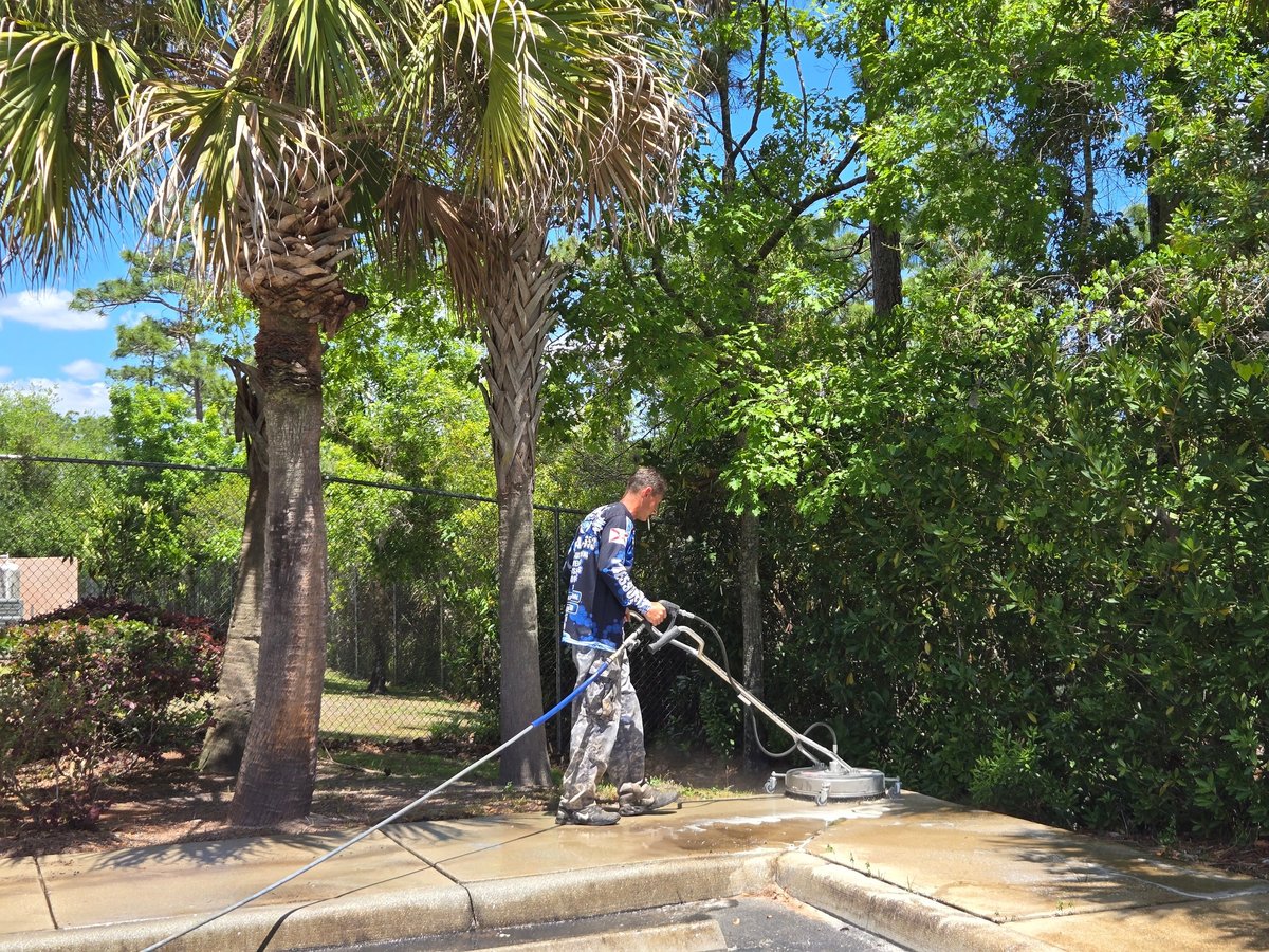 Crew member surface cleaning a commercial concrete pathway surrounded by palm trees and green vegetation