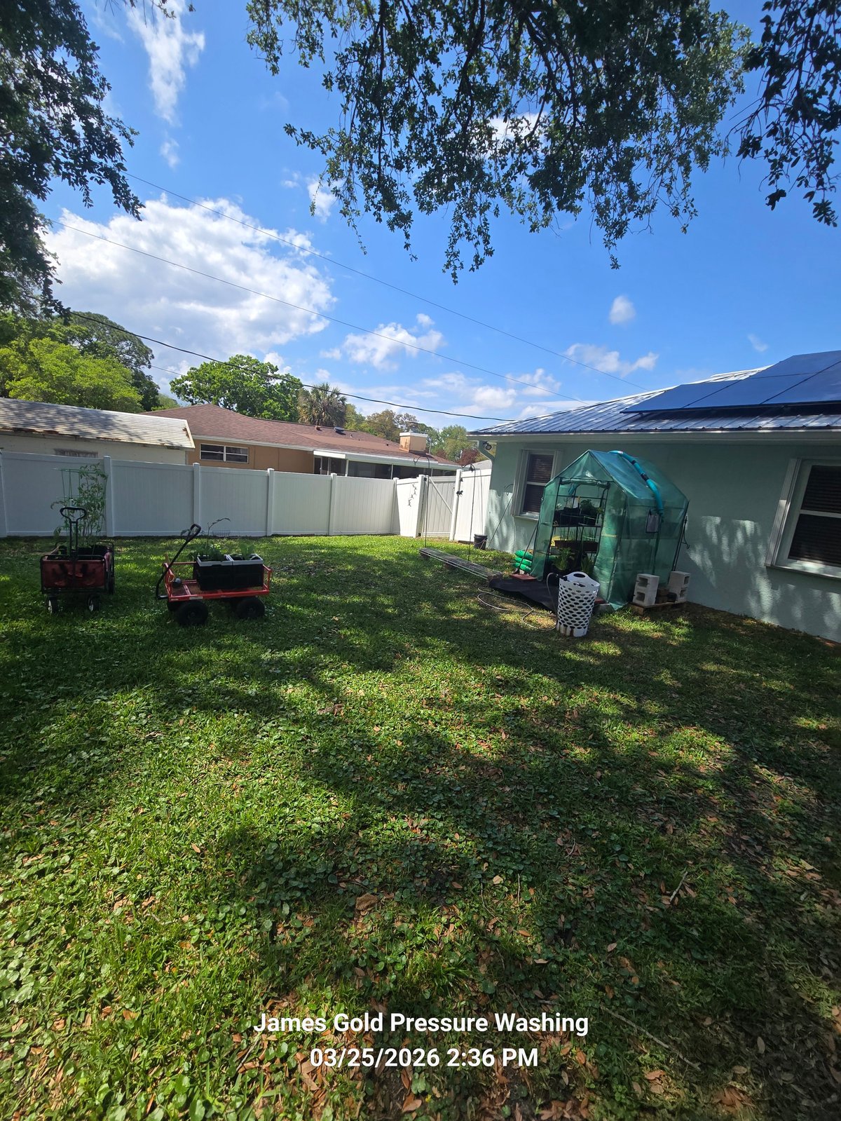 Backyard with green grass, white vinyl fence, red pressure washing equipment, and a turquoise caravan under blue sky