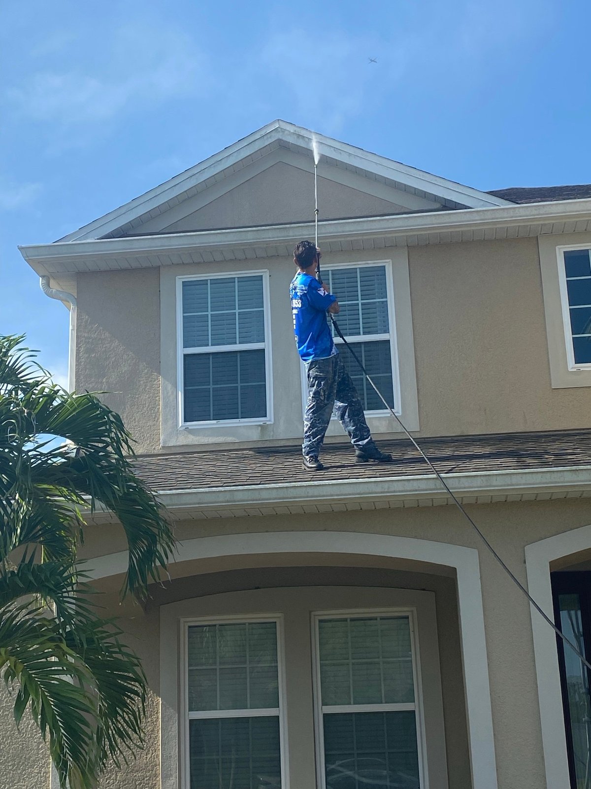 Worker in blue jacket rope access cleaning two-story residential house with tan exterior and palm tree